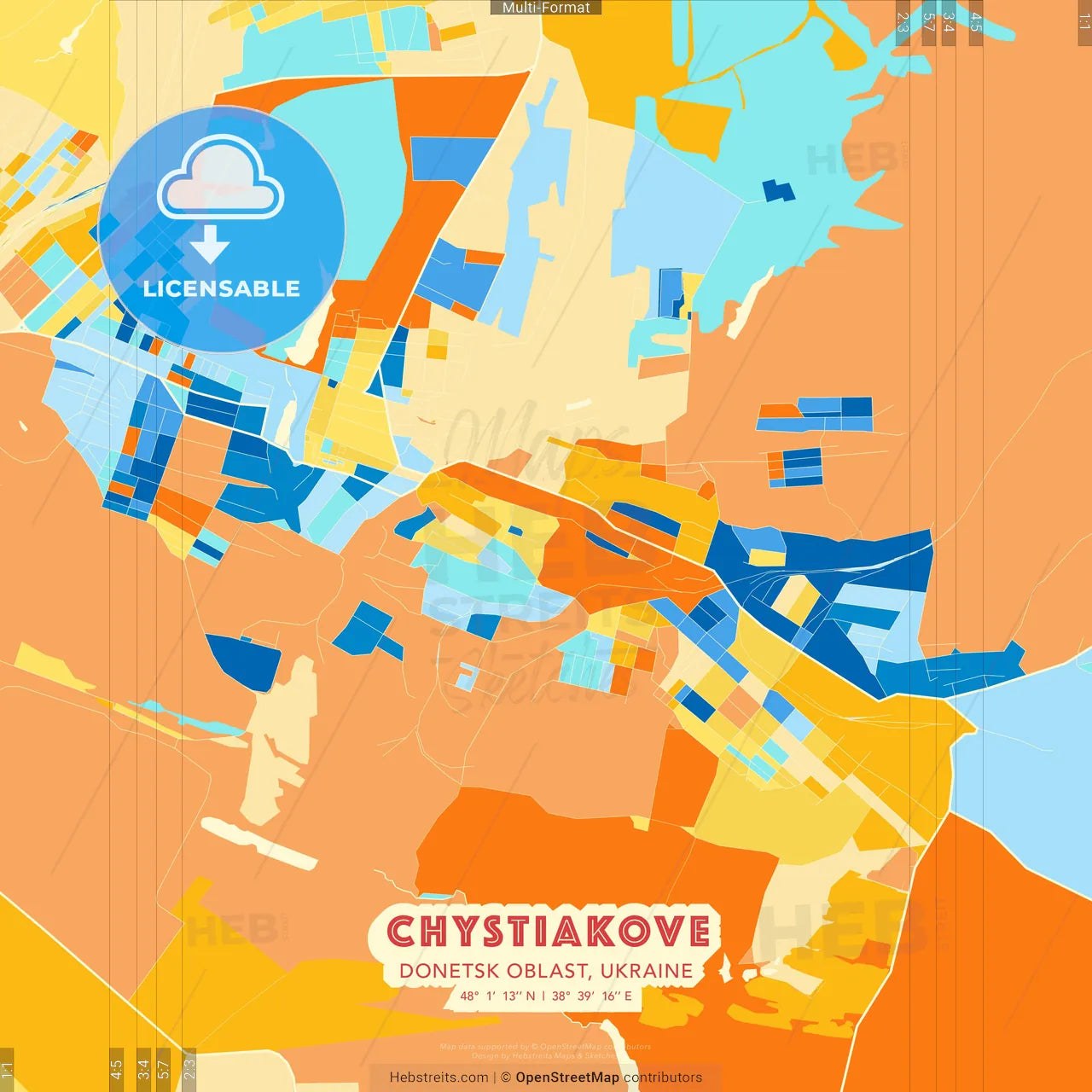 Chystiakove, Donetsk Oblast, Ukraine blue and orange vector art map template