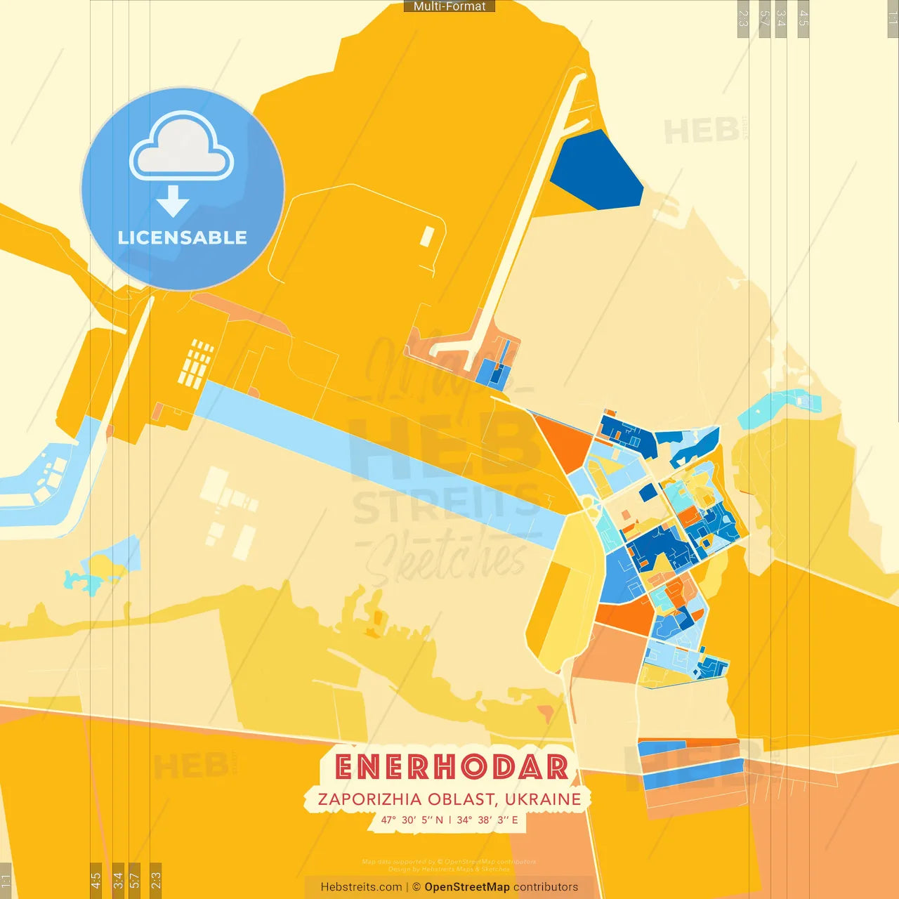 Enerhodar, Zaporizhia Oblast, Ukraine blue and orange vector art map template