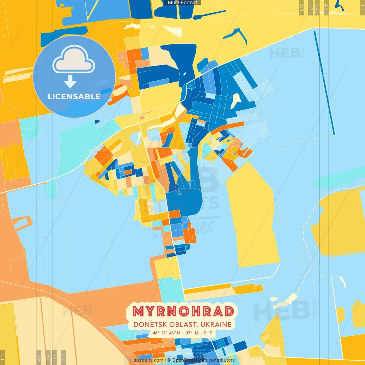 Myrnohrad, Donetsk Oblast, Ukraine blue and orange vector art map template