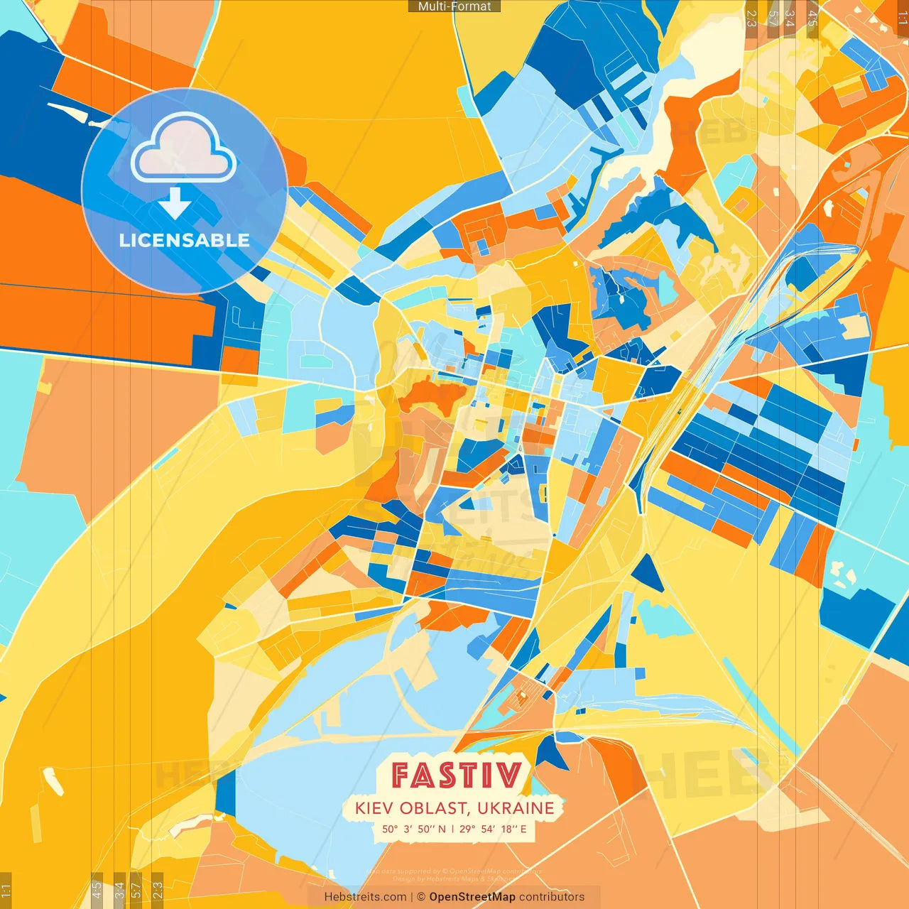 Fastiv, Kyiv Oblast, Ukraine blue and orange vector art map template