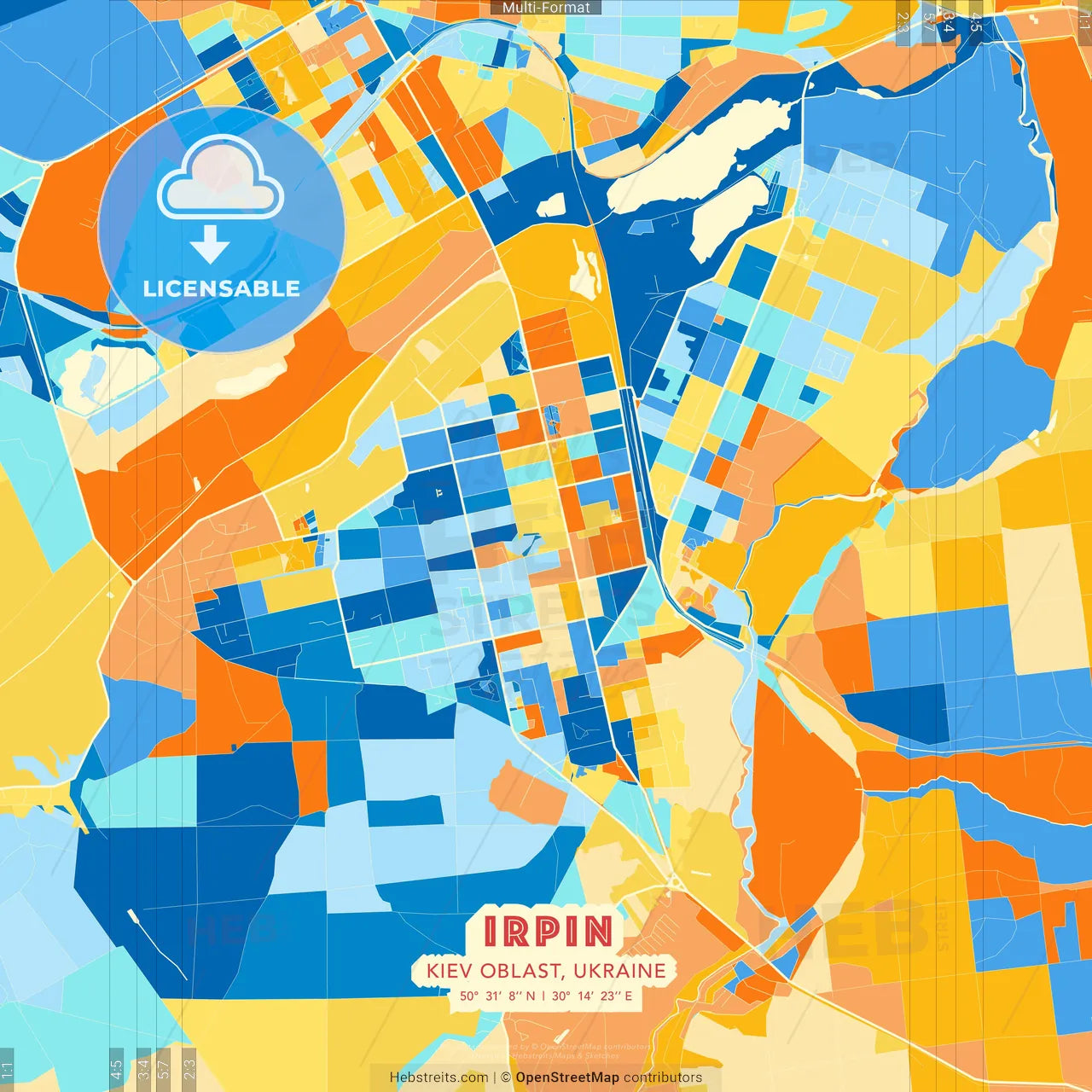 Irpin, Kyiv Oblast, Ukraine blue and orange vector art map template