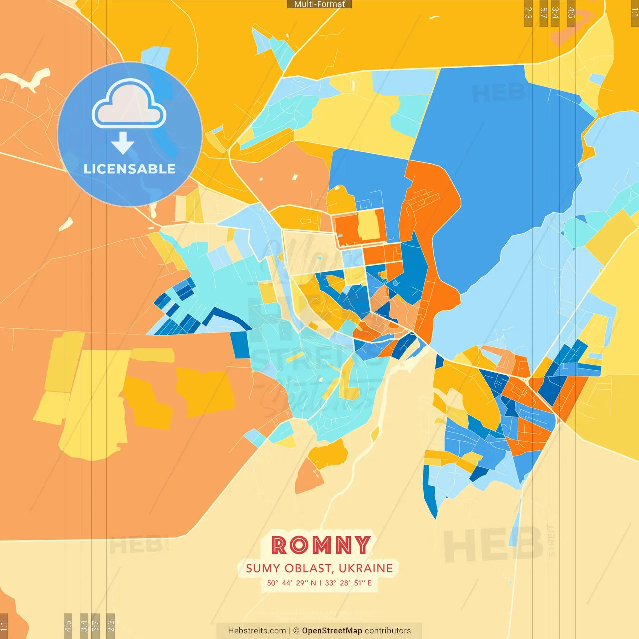 Romny, Sumy Oblast, Ukraine blue and orange vector art map template