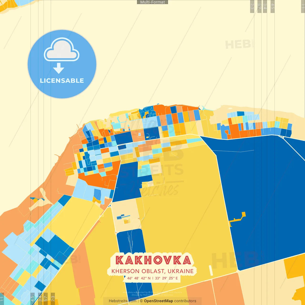 Kakhovka, Kherson Oblast, Ukraine blue and orange vector art map template