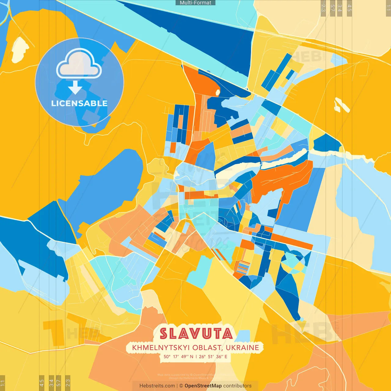 Slavuta, Khmelnytskyi Oblast, Ukraine blue and orange vector art map template