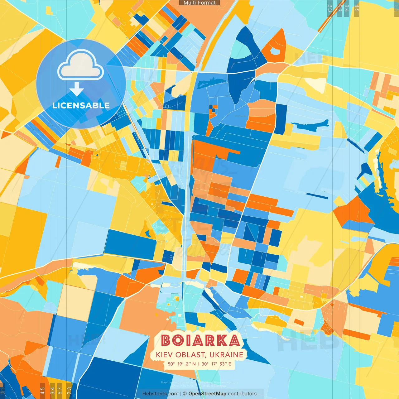 Boiarka, Kyiv Oblast, Ukraine blue and orange vector art map template