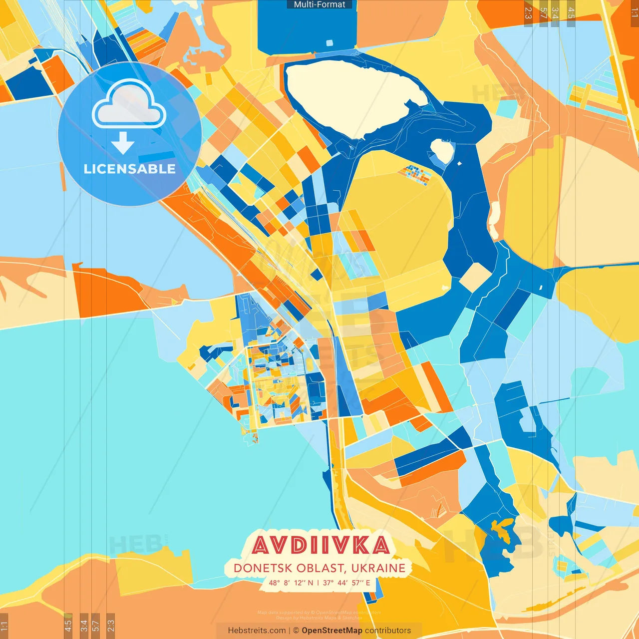 Avdiivka, Donetsk Oblast, Ukraine blue and orange vector art map template