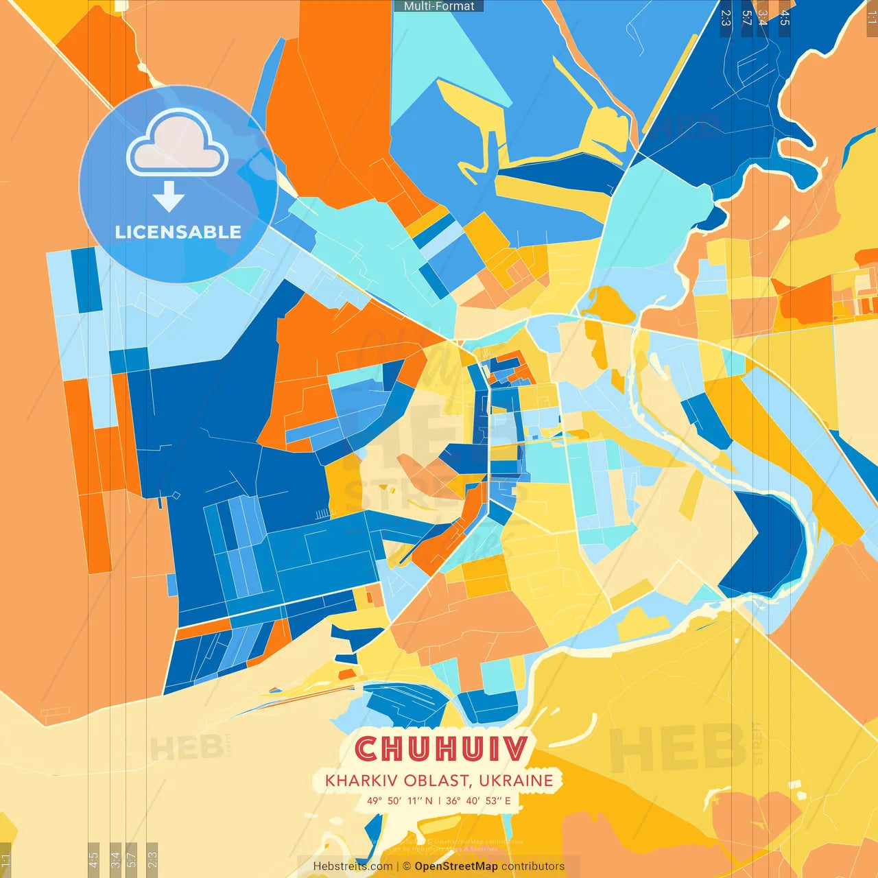 Chuhuiv, Kharkiv Oblast, Ukraine blue and orange vector art map template
