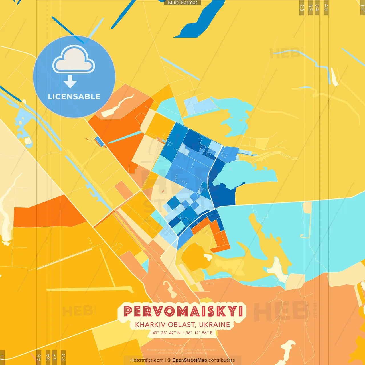 Pervomaiskyi, Kharkiv Oblast, Ukraine blue and orange vector art map template