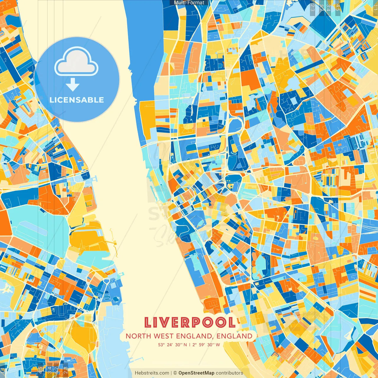 Liverpool, North West England, England blue and orange vector art map template