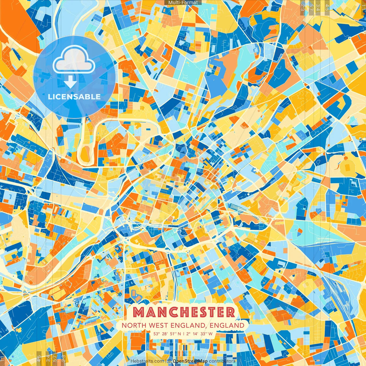 Manchester, North West England, England blue and orange vector art map template