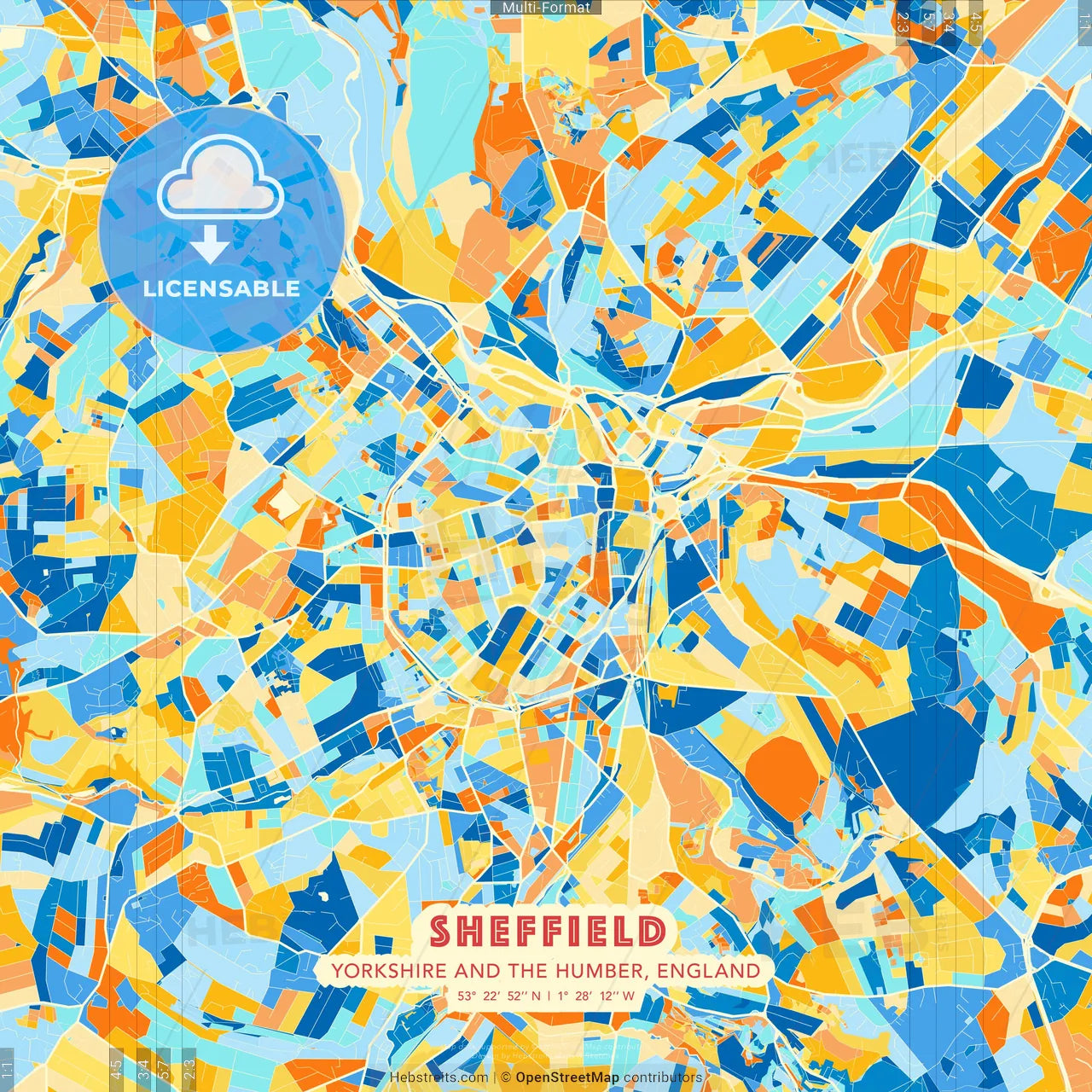 Sheffield, Yorkshire and the Humber, England blue and orange vector art map template