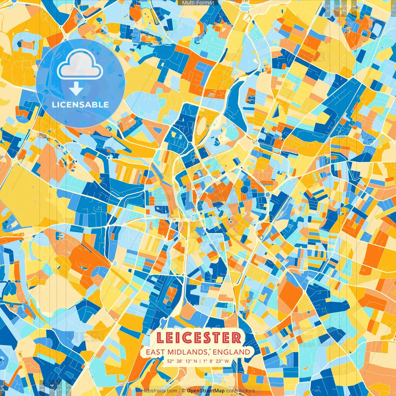 Leicester, East Midlands, England blue and orange vector art map template