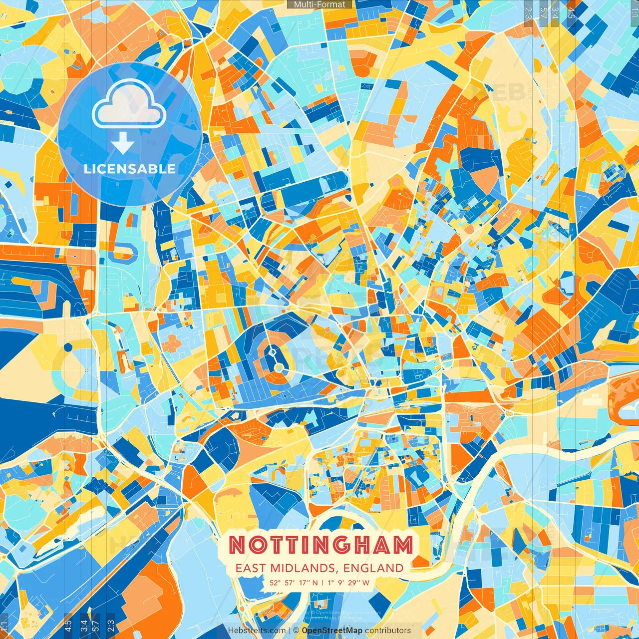 Nottingham, East Midlands, England blue and orange vector art map template