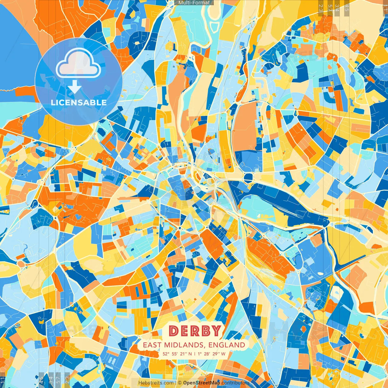 Derby, East Midlands, England blue and orange vector art map template