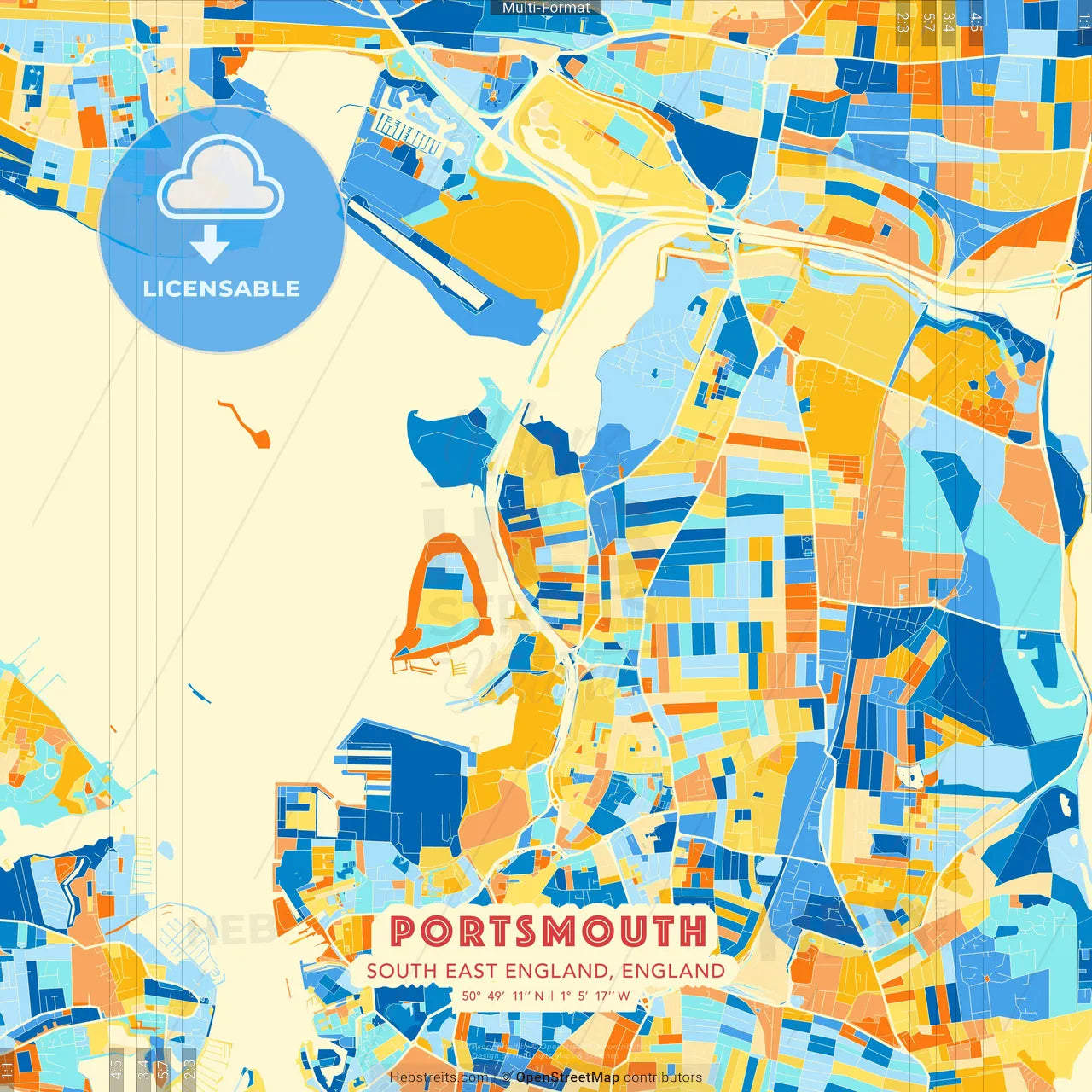 Portsmouth, South East England, England blue and orange vector art map template