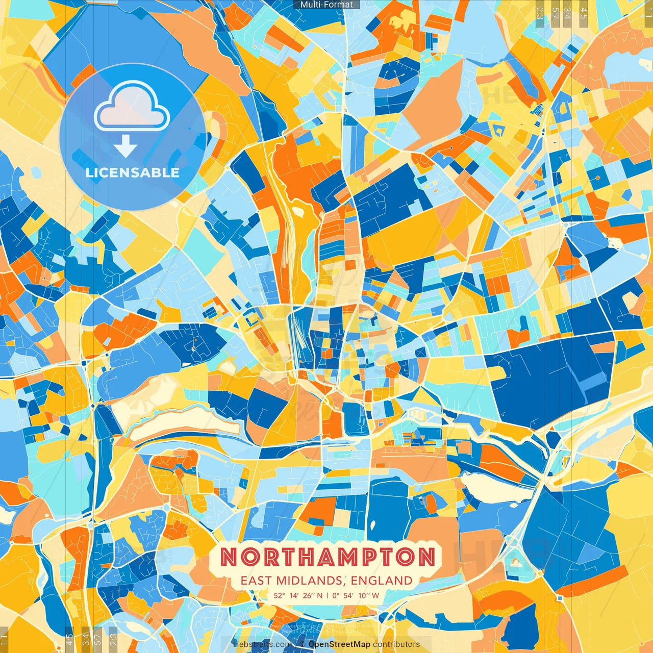 Northampton, East Midlands, England blue and orange vector art map template