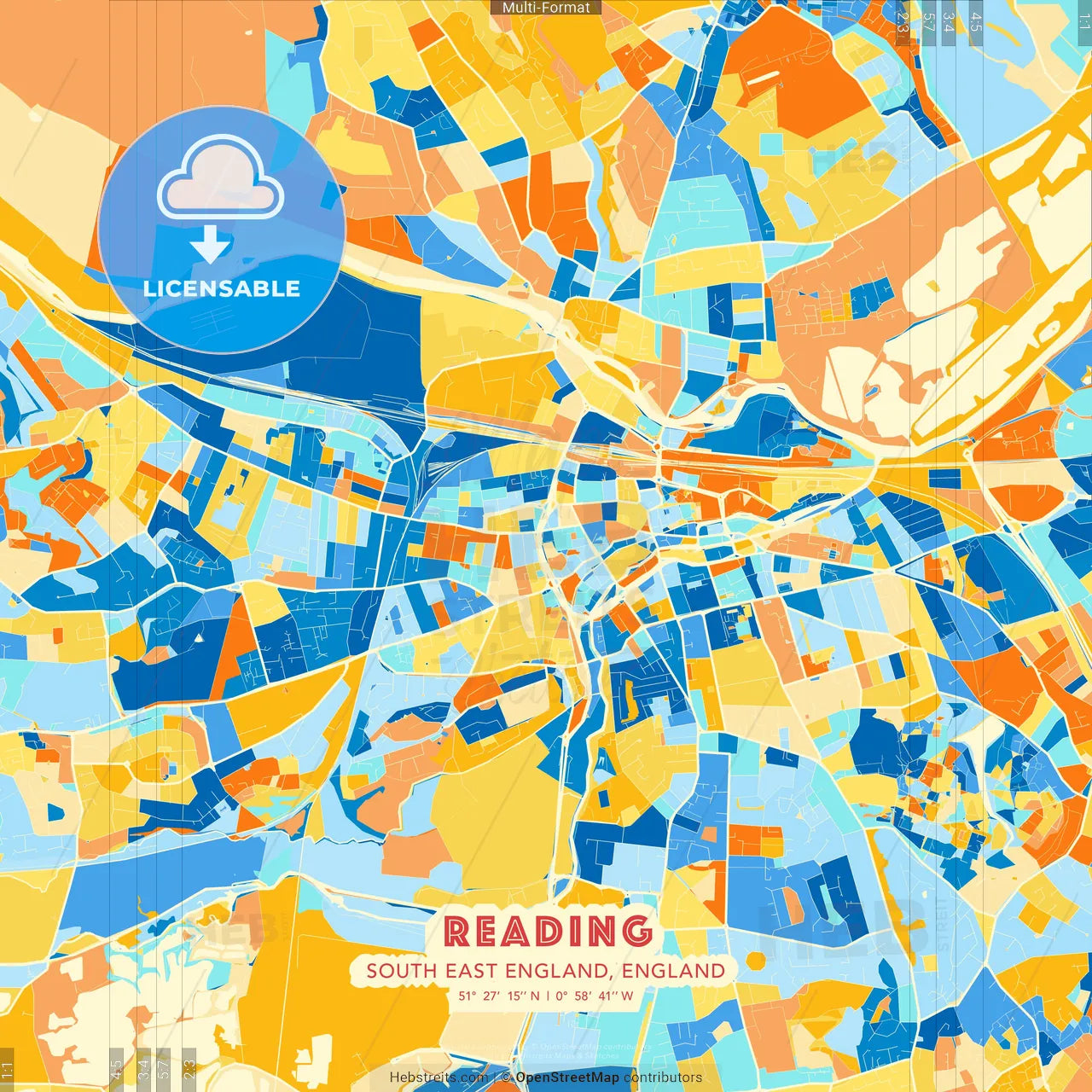 Reading, South East England, England blue and orange vector art map template