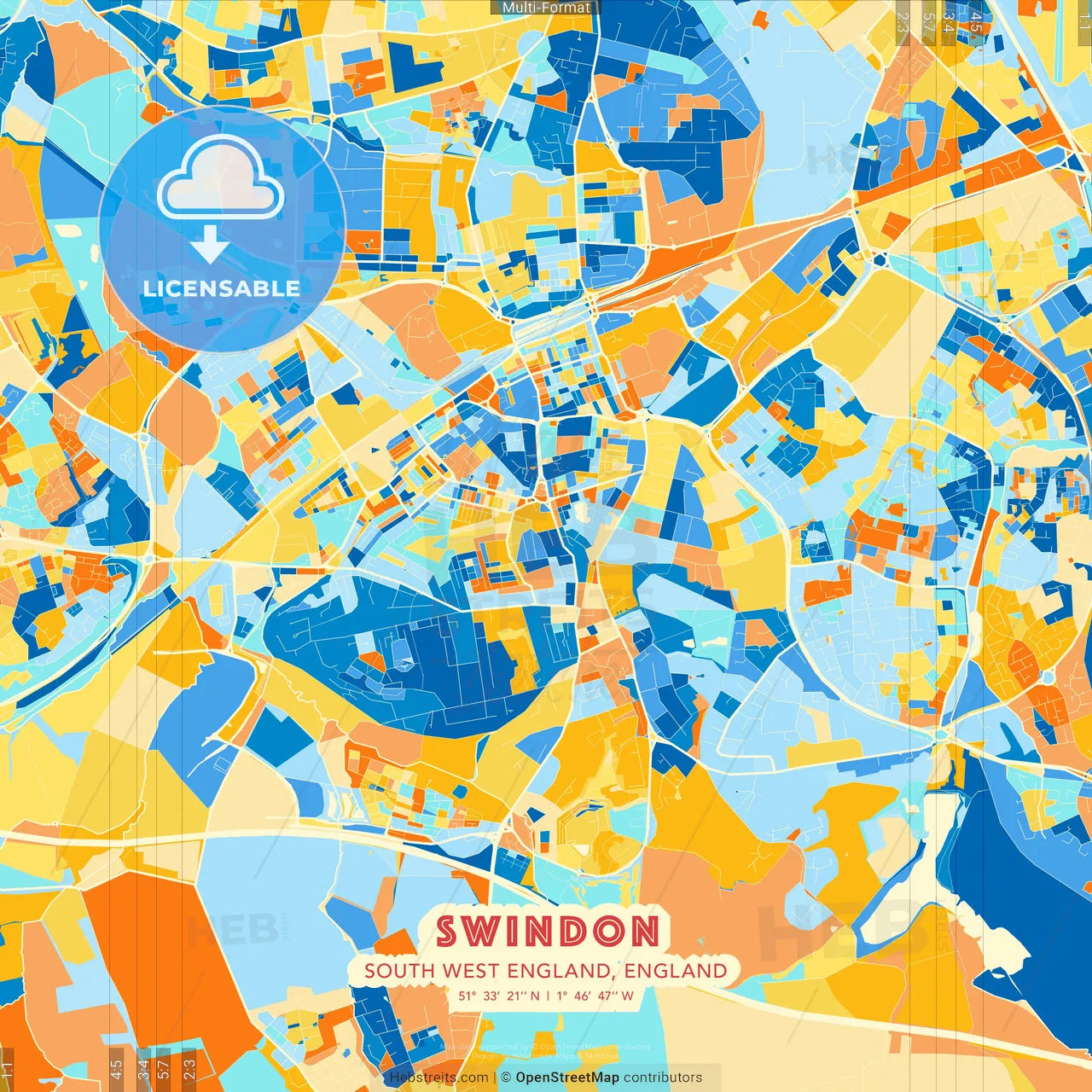 Swindon, South West England, England blue and orange vector art map template