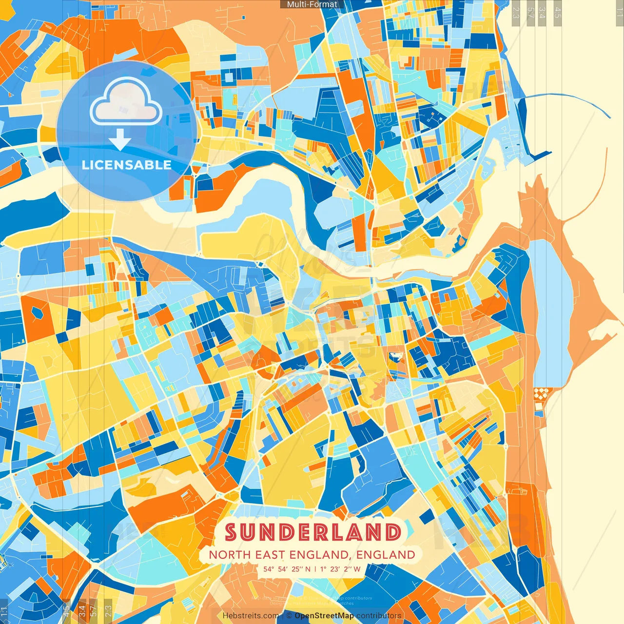 Sunderland, North East England, England blue and orange vector art map template