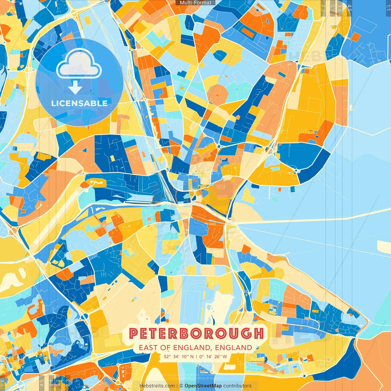 Peterborough, East of England, England blue and orange vector art map template