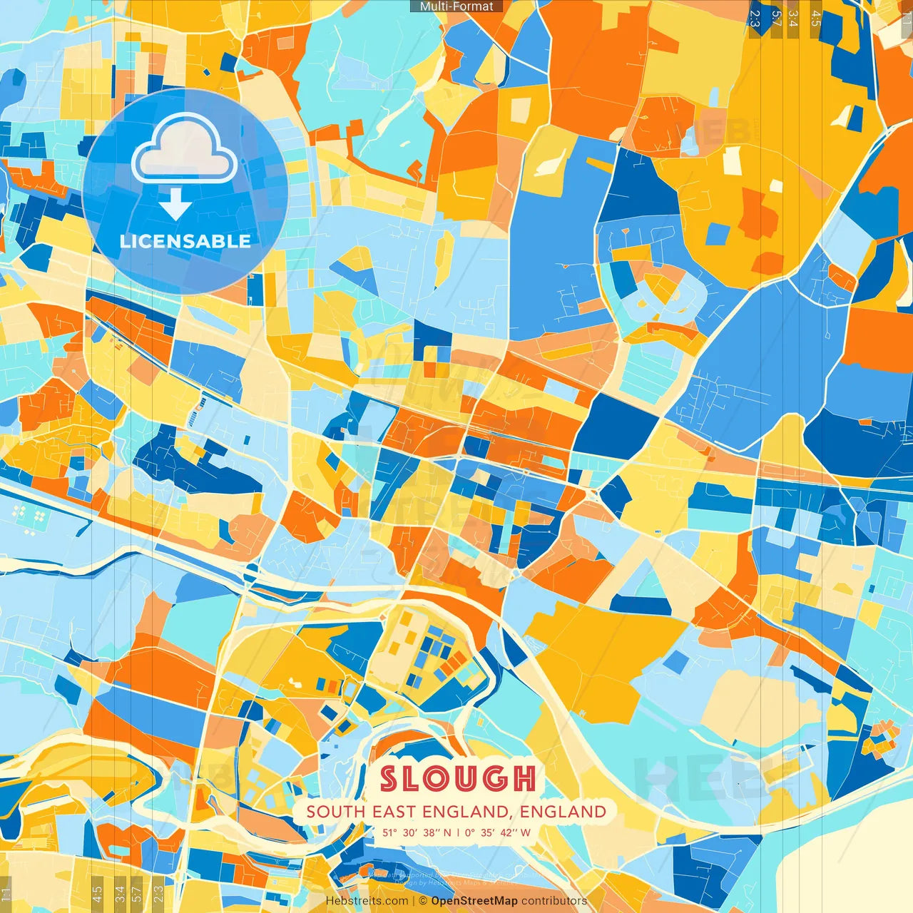Slough, South East England, England blue and orange vector art map template