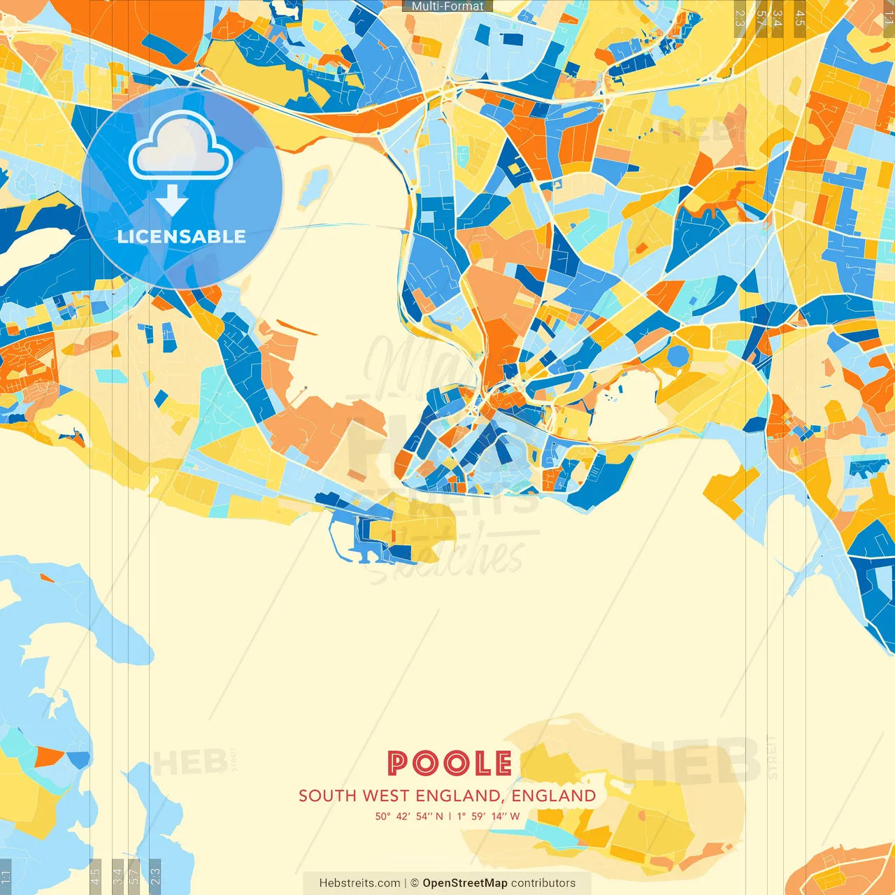 Poole, South West England, England blue and orange vector art map template