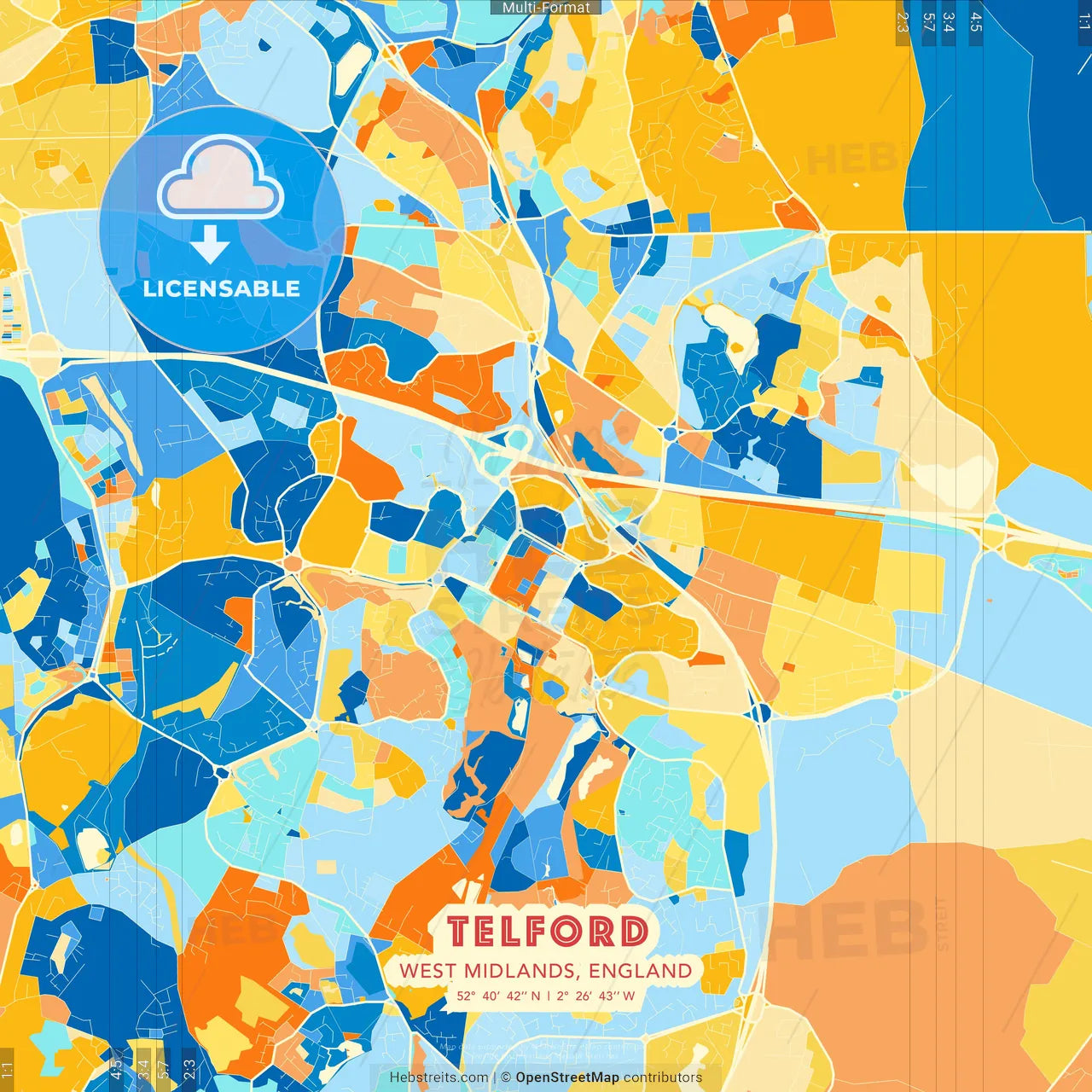 Telford, West Midlands, England blue and orange vector art map template