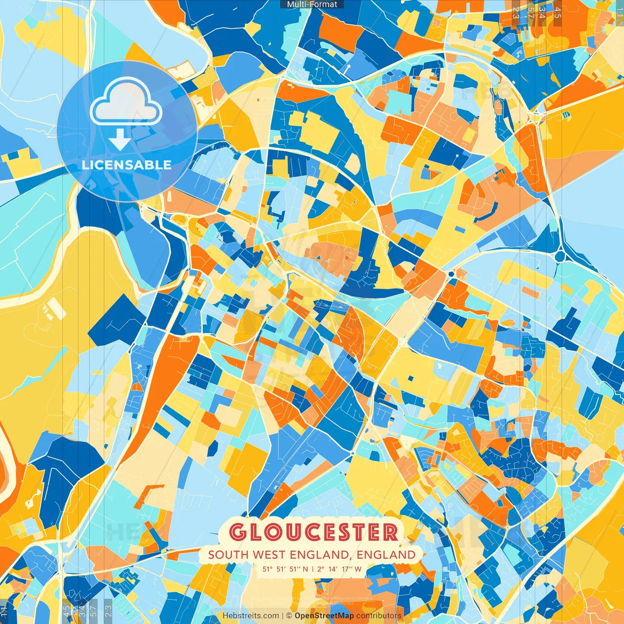 Gloucester, South West England, England blue and orange vector art map template