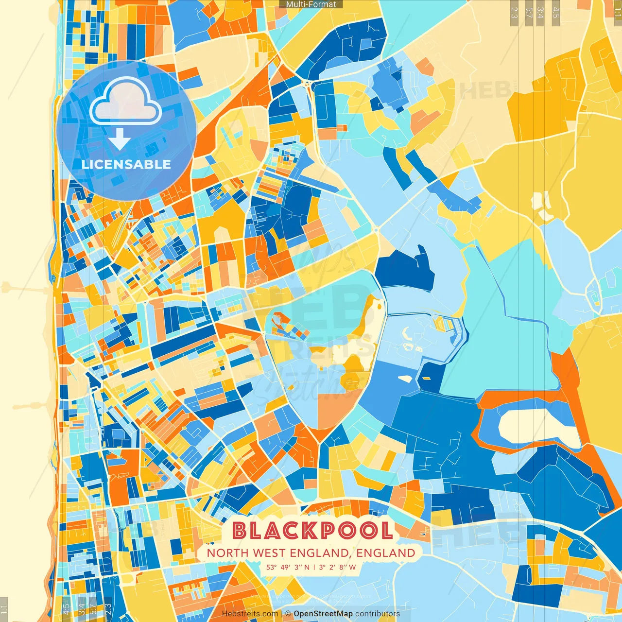 Blackpool, North West England, England blue and orange vector art map template
