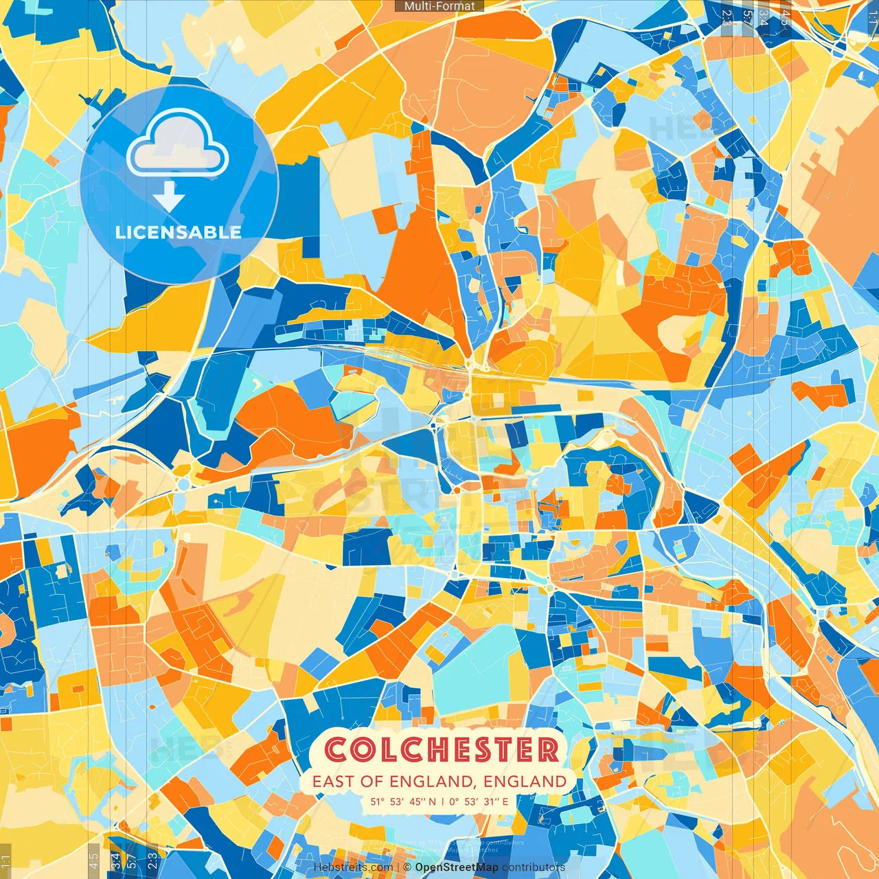 Colchester, East of England, England blue and orange vector art map template