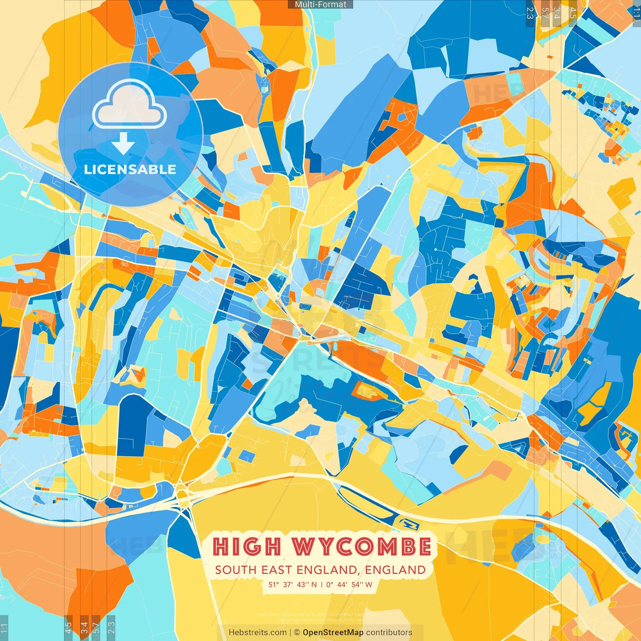 High Wycombe, South East England, England blue and orange vector art map template