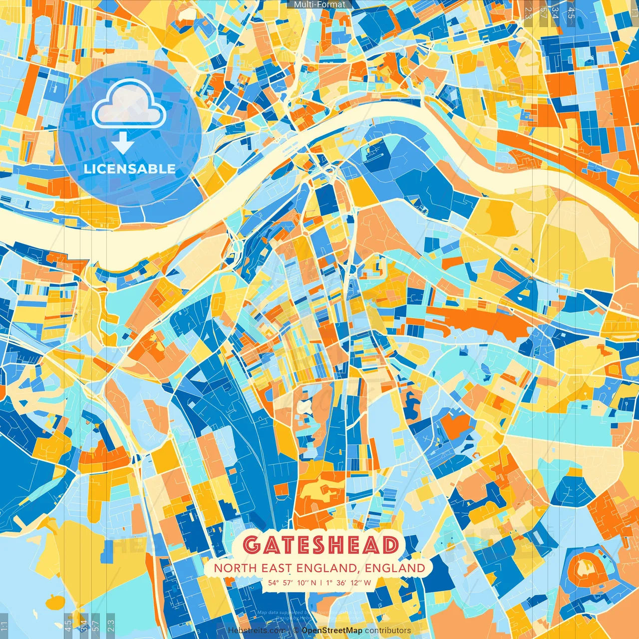 Gateshead, North East England, England blue and orange vector art map template