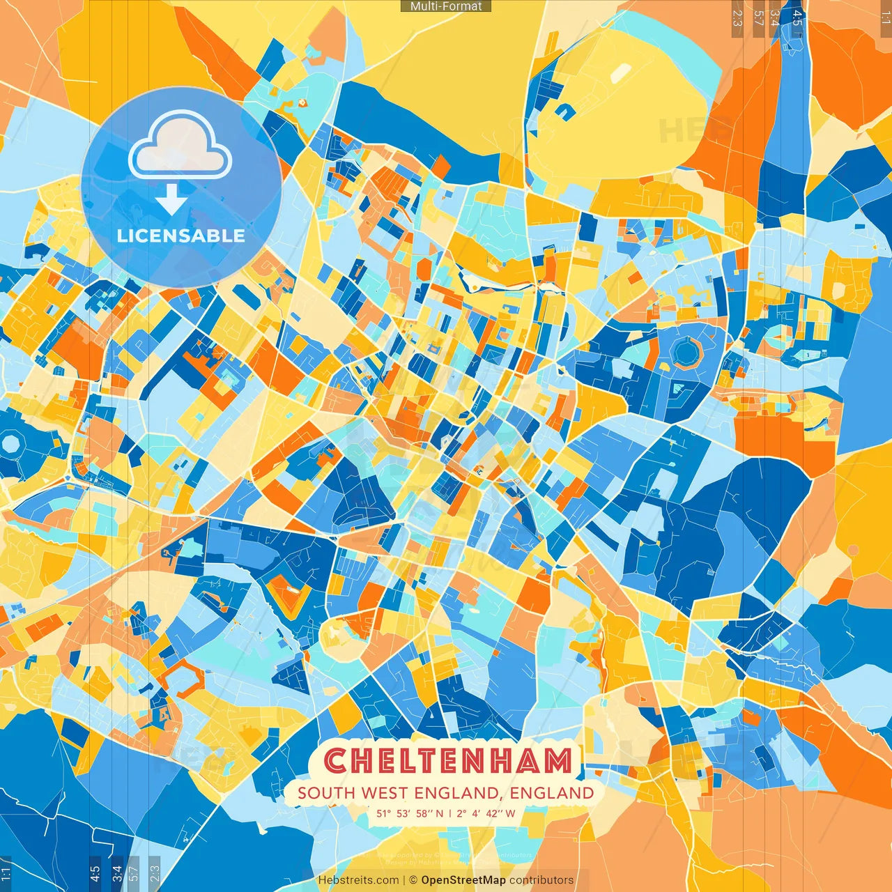 Cheltenham, South West England, England blue and orange vector art map template