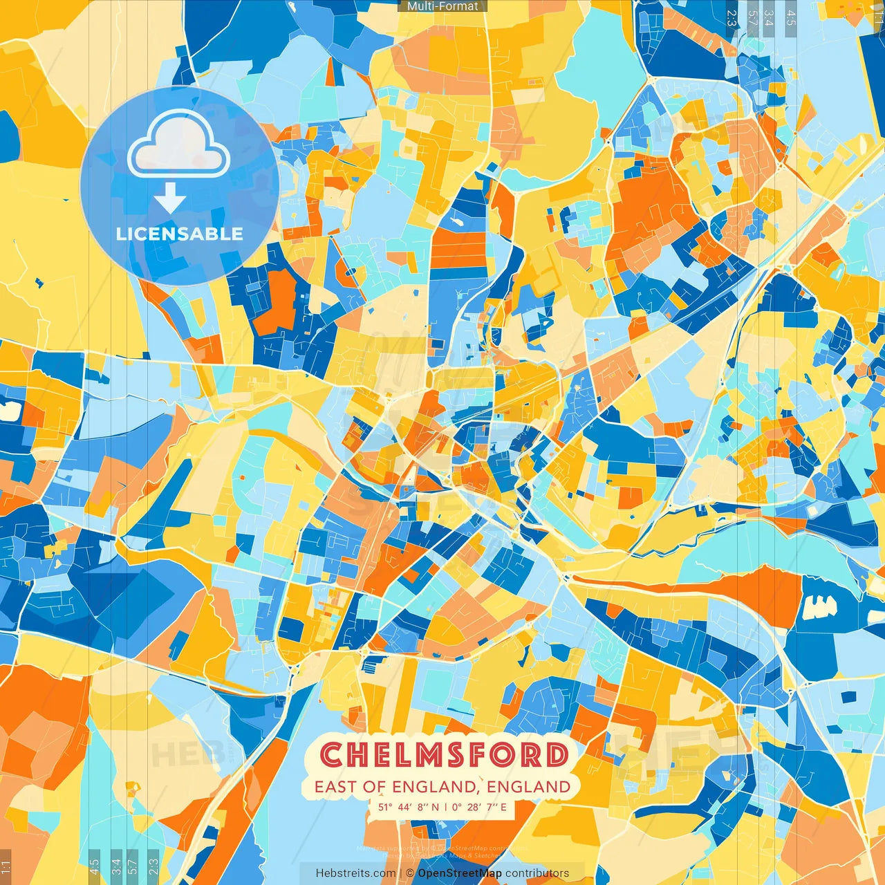 Chelmsford, East of England, England blue and orange vector art map template