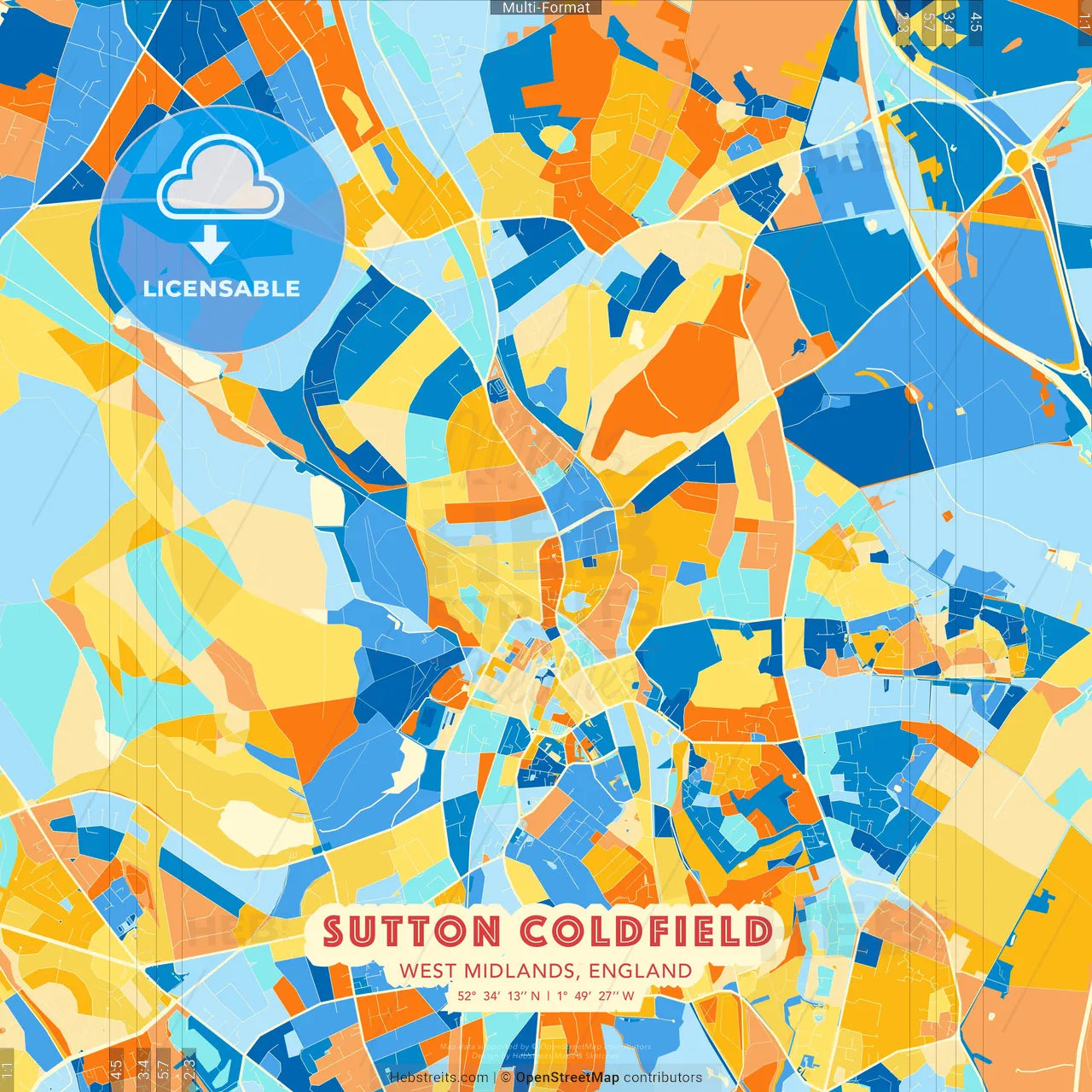 Sutton Coldfield, West Midlands, England blue and orange vector art map template