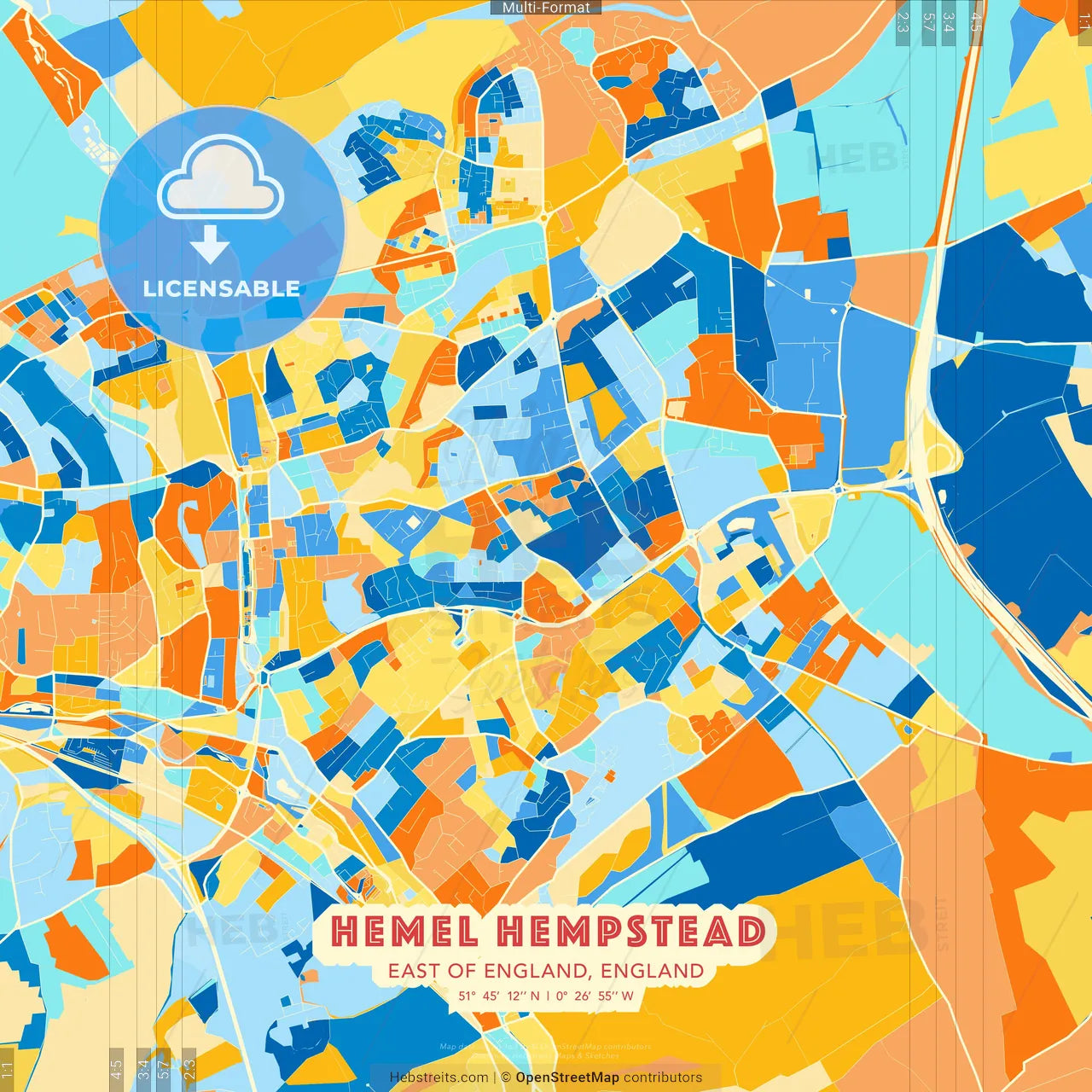 Hemel Hempstead, East of England, England blue and orange vector art map template