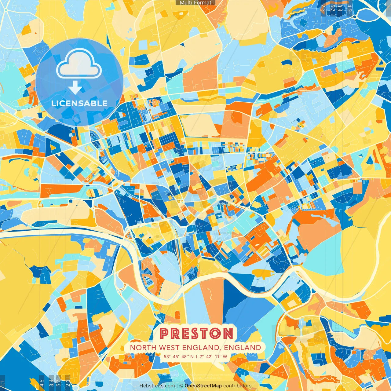 Preston, North West England, England blue and orange vector art map template