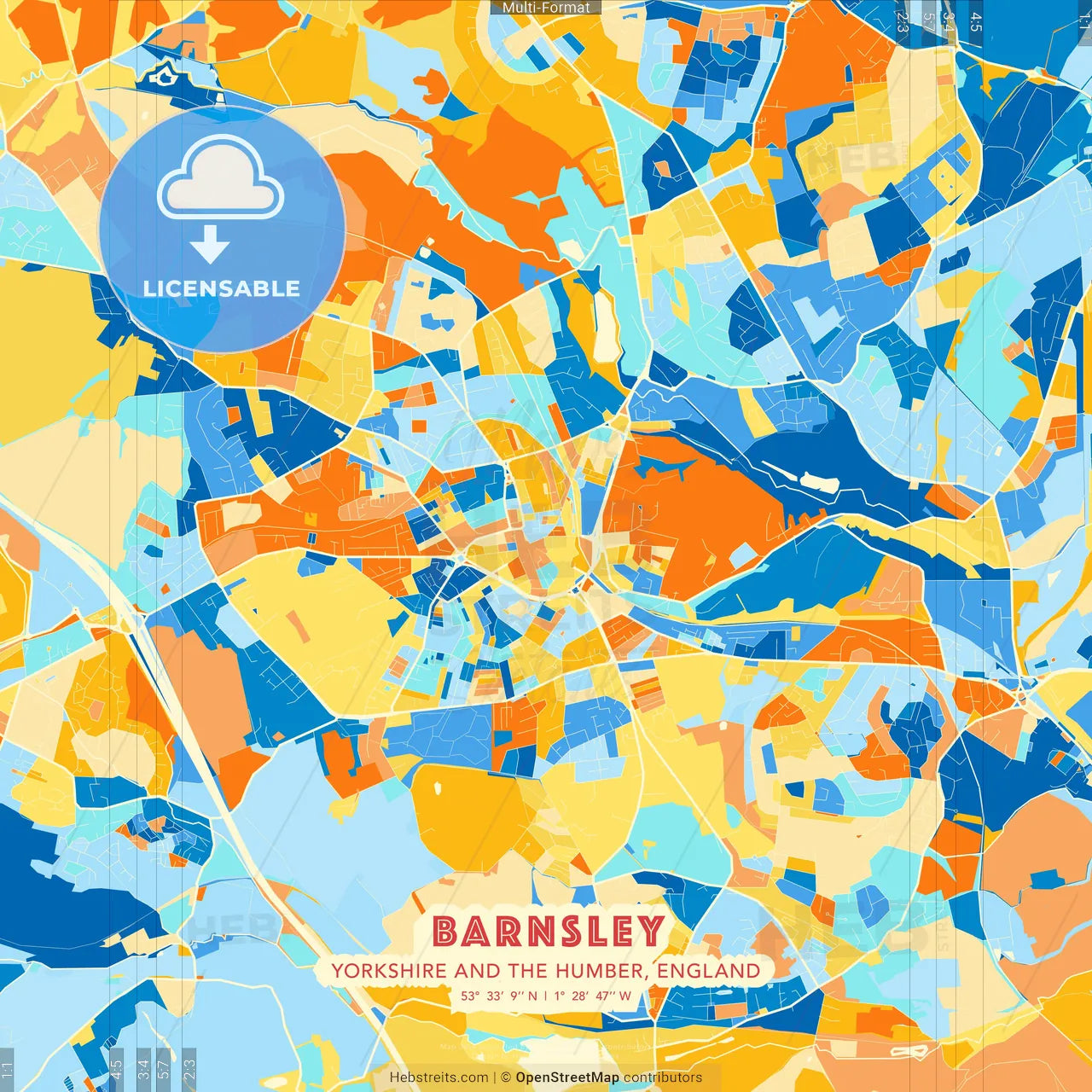 Barnsley, Yorkshire and the Humber, England blue and orange vector art map template