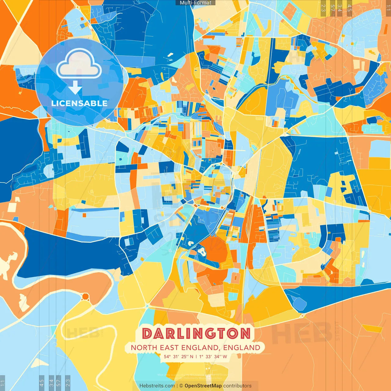 Darlington, North East England, England blue and orange vector art map template