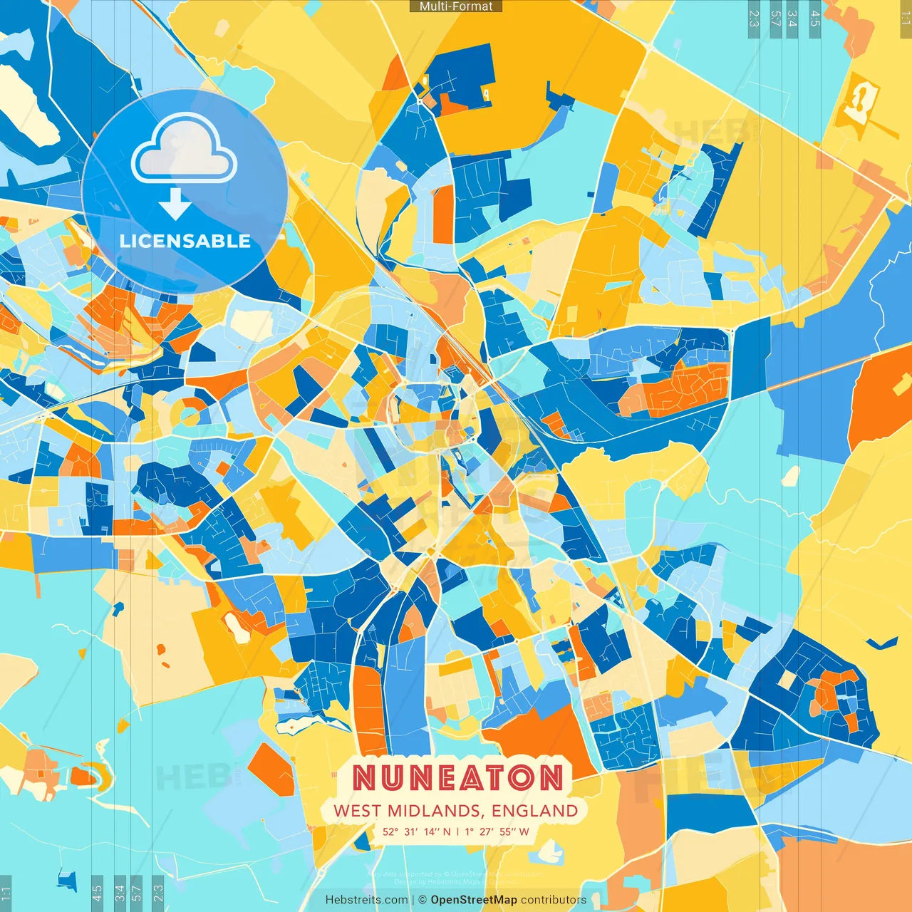 Nuneaton, West Midlands, England blue and orange vector art map template