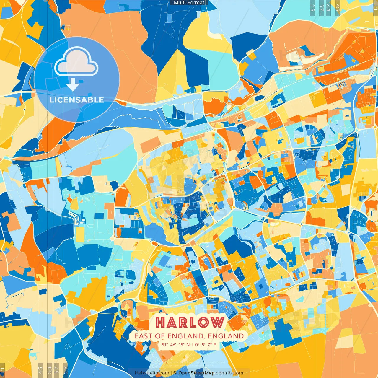 Harlow, East of England, England blue and orange vector art map template