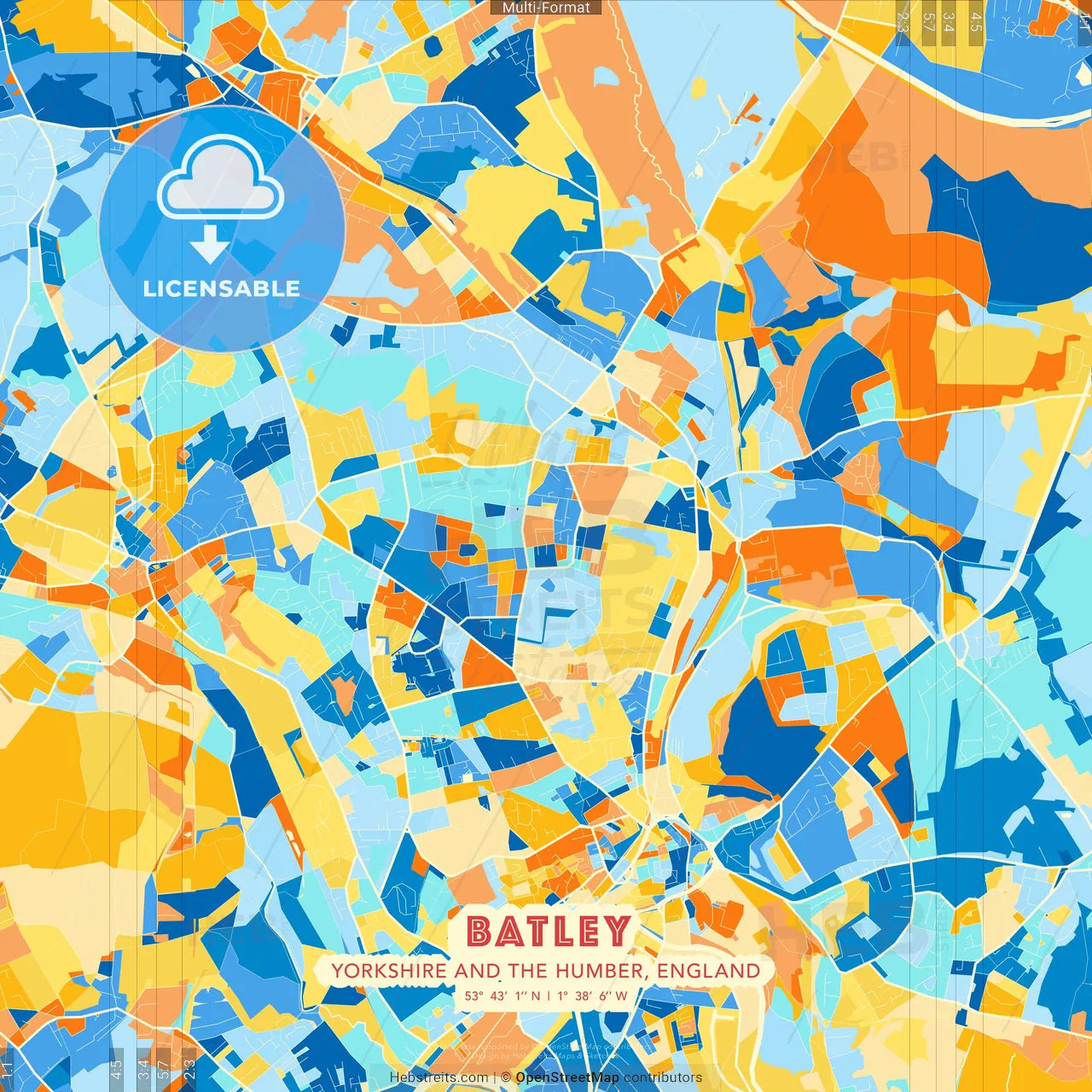 Batley, Yorkshire and the Humber, England blue and orange vector art map template