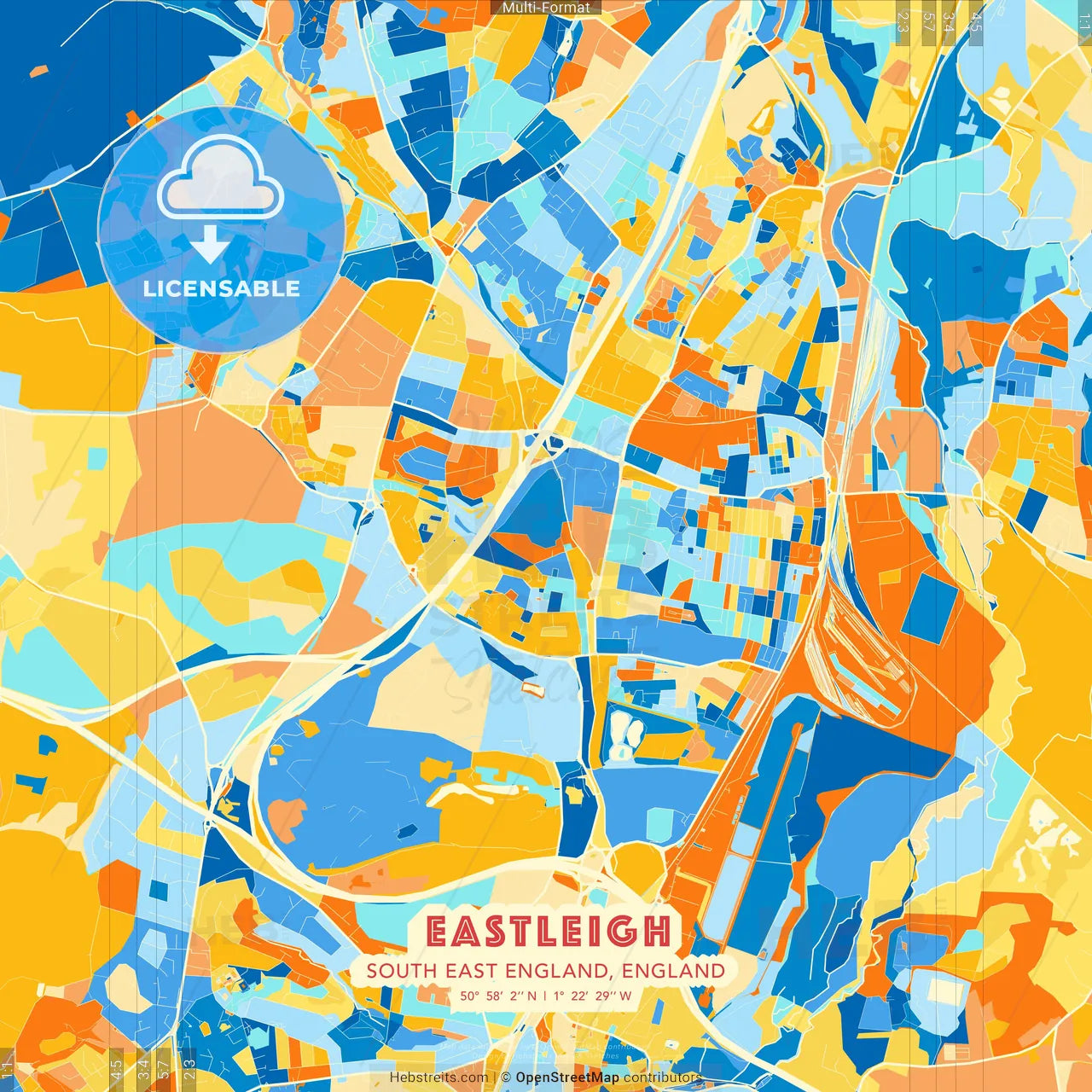 Eastleigh, South East England, England blue and orange vector art map template