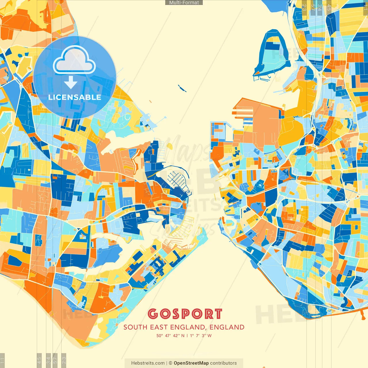 Gosport, South East England, England blue and orange vector art map template