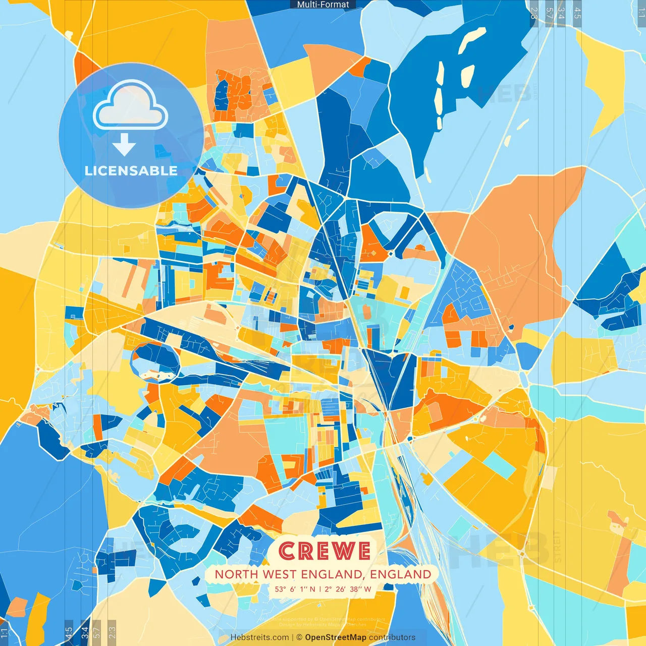 Crewe, North West England, England blue and orange vector art map template