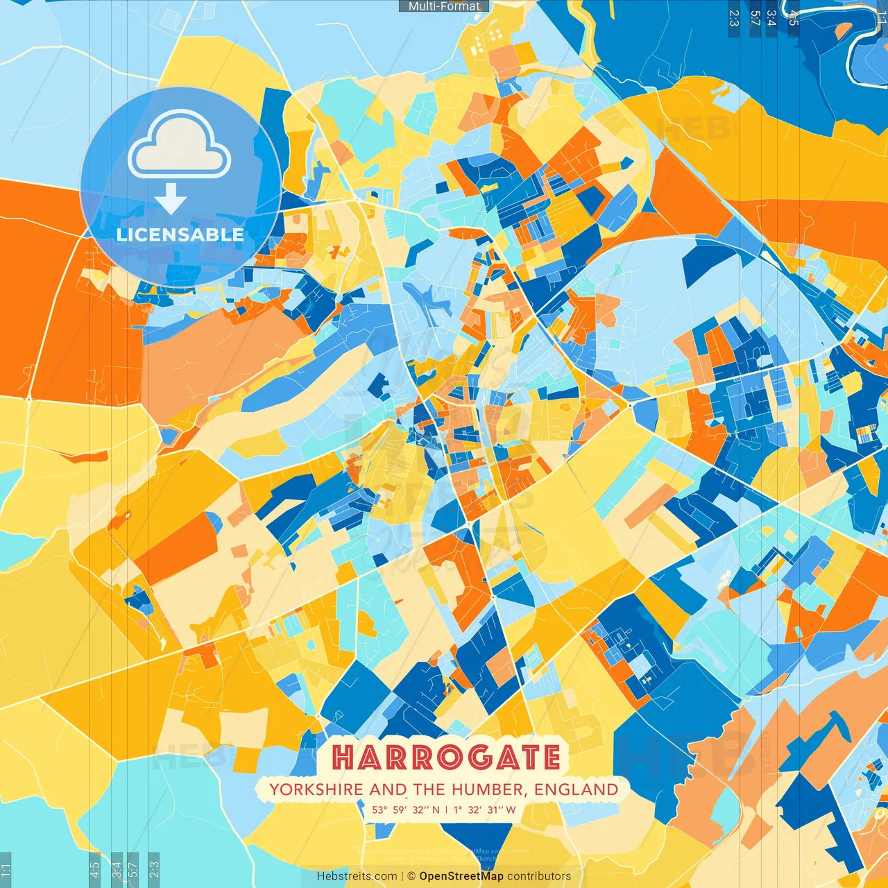 Harrogate, Yorkshire and the Humber, England blue and orange vector art map template