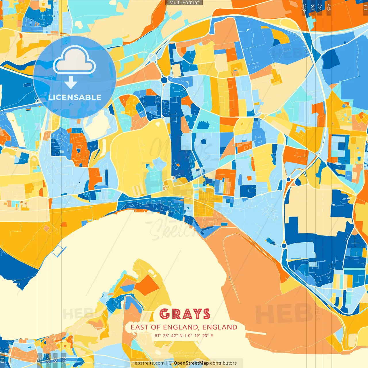 Grays, East of England, England blue and orange vector art map template