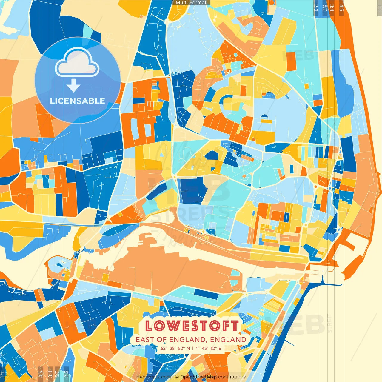 Lowestoft, East of England, England blue and orange vector art map template