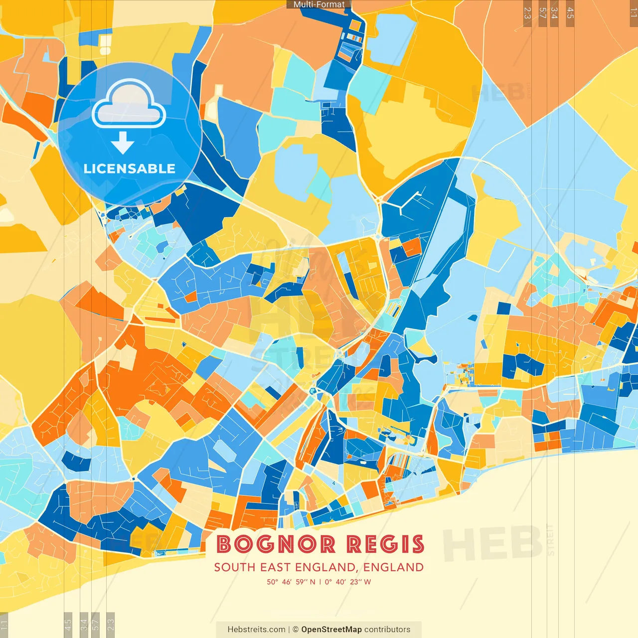 Bognor Regis, South East England, England blue and orange vector art map template