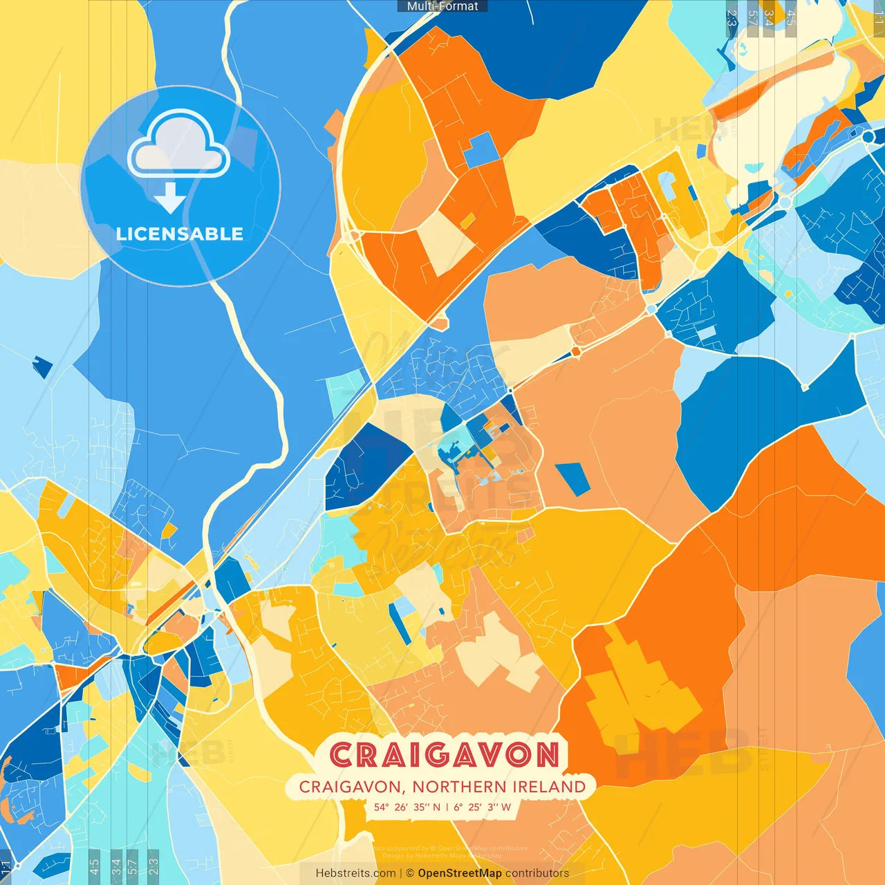 Craigavon, Craigavon, Northern Ireland blue and orange vector art map template